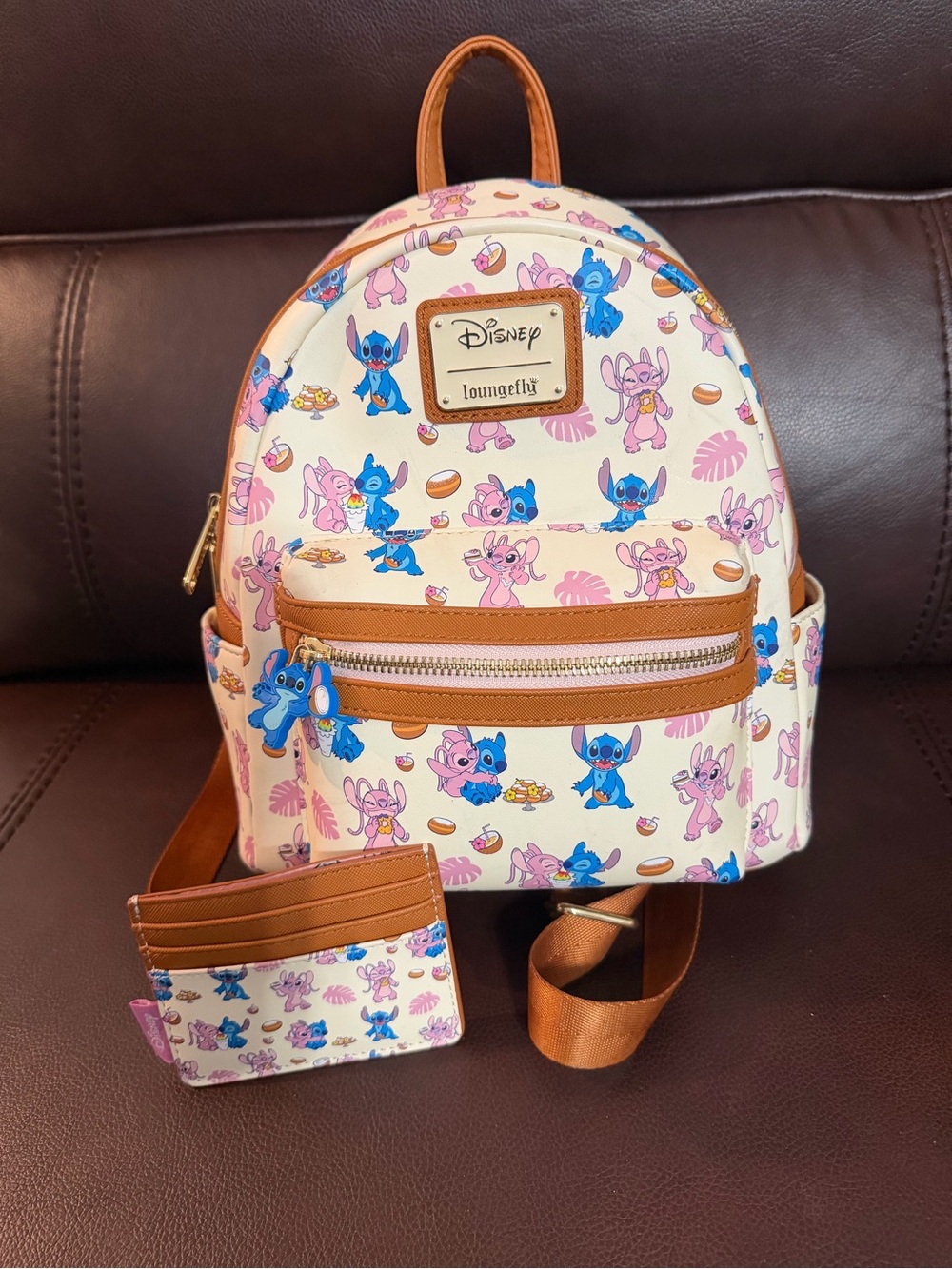 Loungefly Cream Pink Blue Stitch Mini Backpack with Card Holder